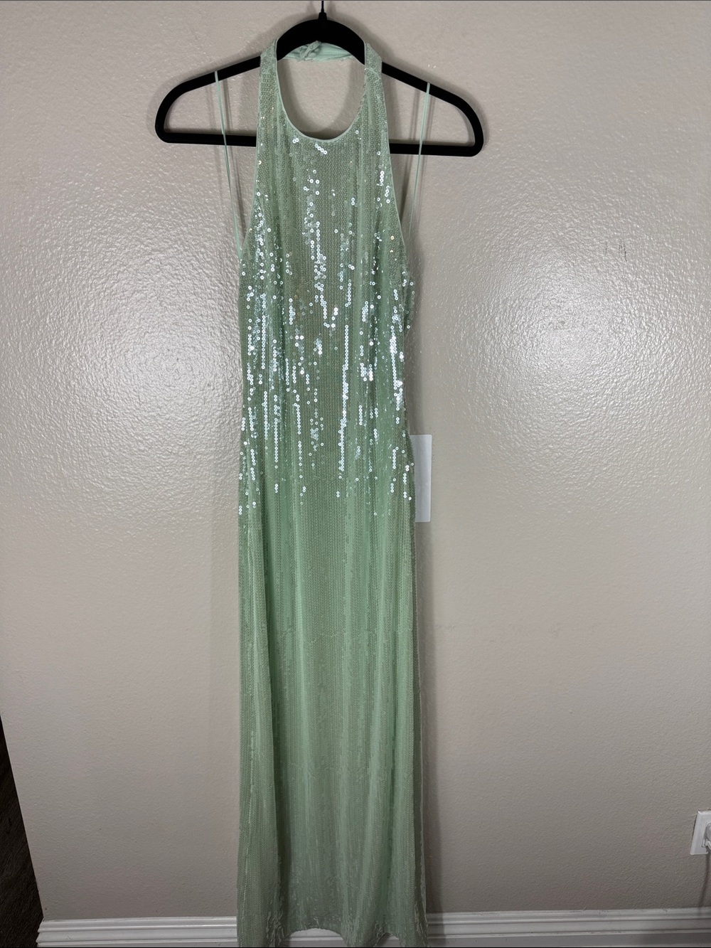 Reformation Elowyn Sequin Halter Open Back Slit Maxi Dress Gown Icy Seafoam - Picture 6 of 13